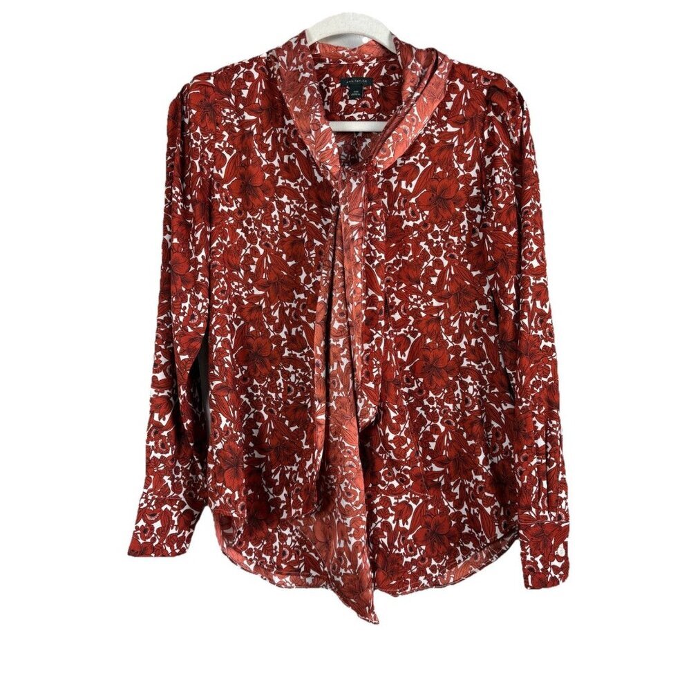 Ann Taylor Women’s Satin Brown Red Floral Blouse High Tie Neck Size XXS Career
